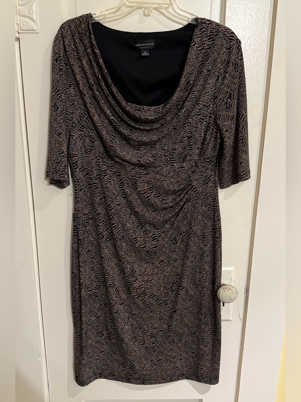 connected apparel Black and Tan Patterned Cowl-Neck Mini Dress